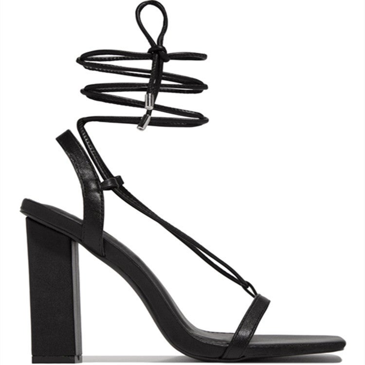 2023 Summer Plus-Size Ankle-Tie Block Heel Sandals for WomenBlack Black