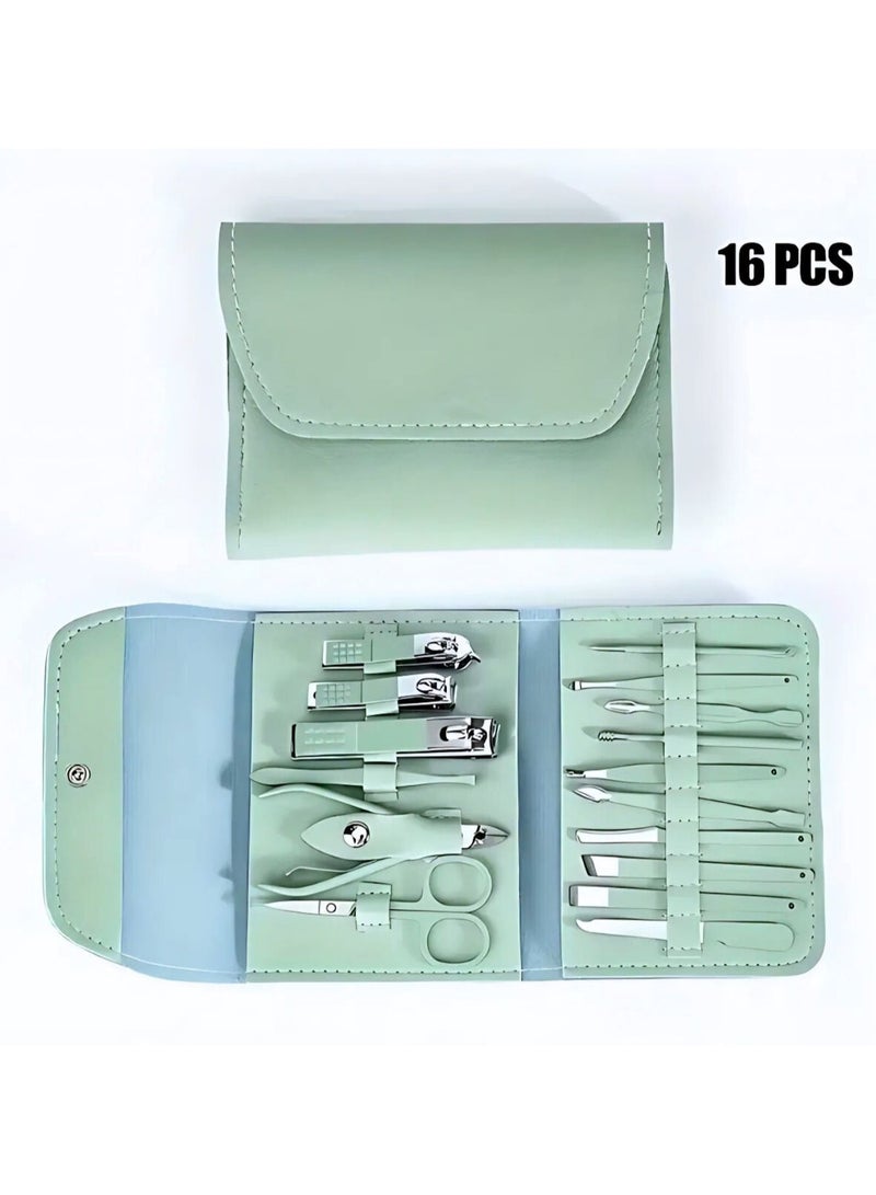 16 in 1 Nail Kit, Stainless Steel Manicure Kit, Pedicure Tools for Feet, Nail Care Tools, Luxury Leather Case, Matcha Green