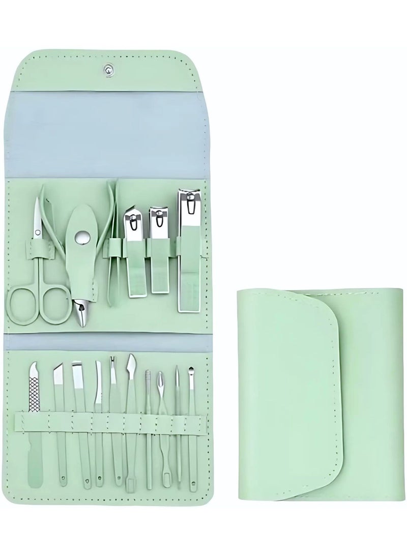 16 in 1 Nail Kit, Stainless Steel Manicure Kit, Pedicure Tools for Feet, Nail Care Tools, Luxury Leather Case, Matcha Green