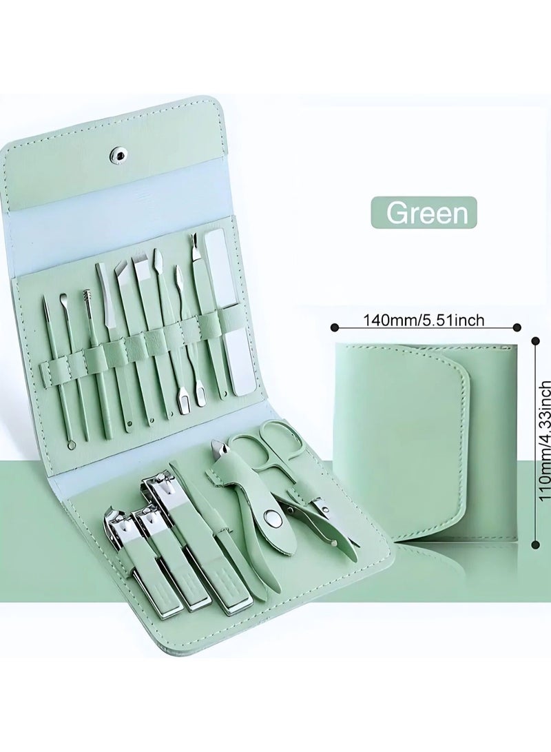 16 in 1 Nail Kit, Stainless Steel Manicure Kit, Pedicure Tools for Feet, Nail Care Tools, Luxury Leather Case, Matcha Green