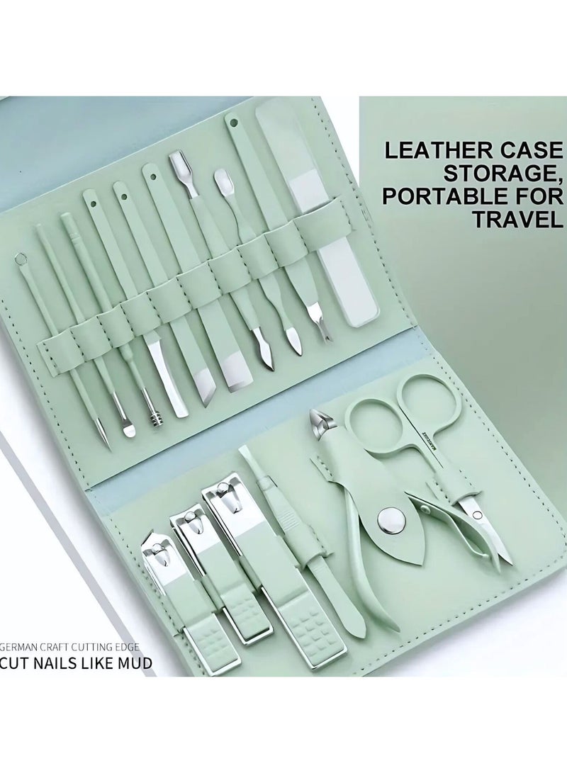 16 in 1 Nail Kit, Stainless Steel Manicure Kit, Pedicure Tools for Feet, Nail Care Tools, Luxury Leather Case, Matcha Green