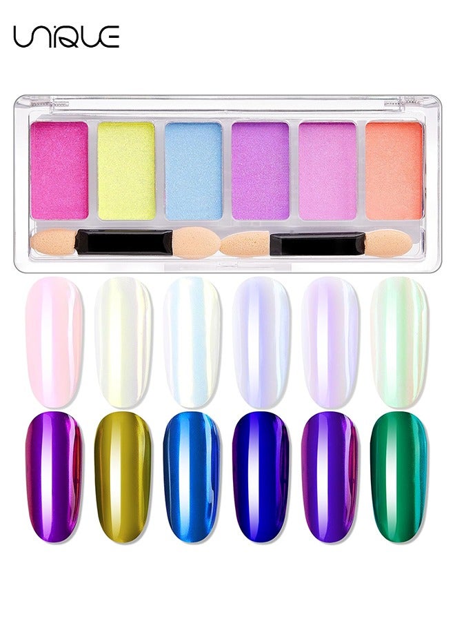 6Pcs Chrome Nail Powders，Colors Chrome Nail Powder Mirror Effect Holographic Aurora Iridescent Pearlescent Metallic Nail Powder Combo Set, 2Pcs Eyeshadow Sticks (Chrome Nail Powder)