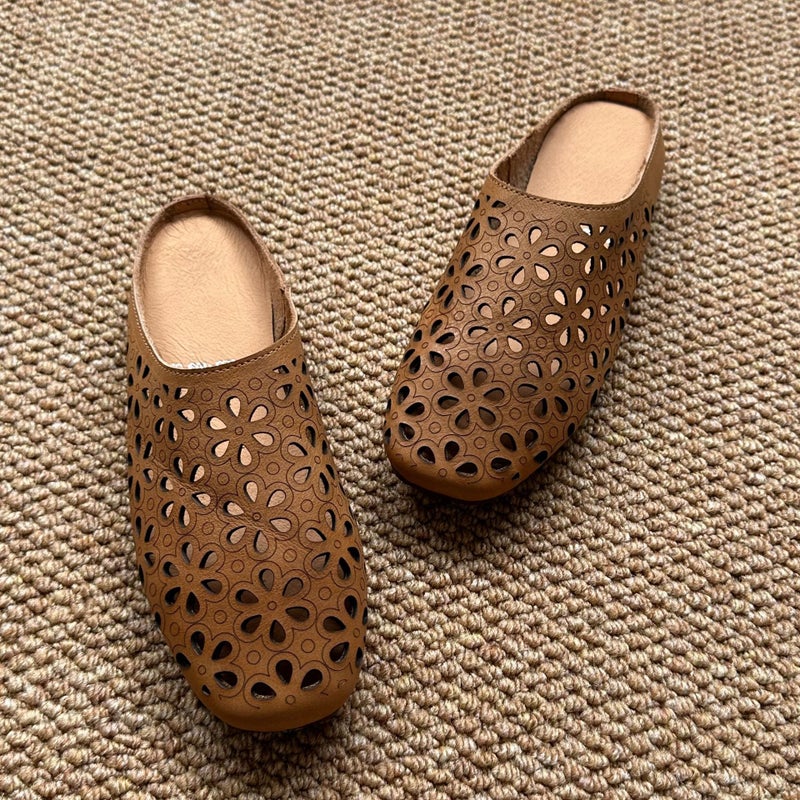 2024 Summer Hollow-Out Flat Mules Slim Casual Vintage SlippersCamel Camel