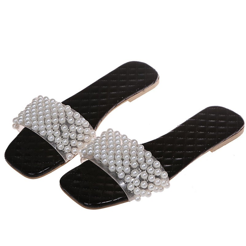 2021 Plus Size Summer Flat Sandals with Pearl Accents for WomenBlack Black