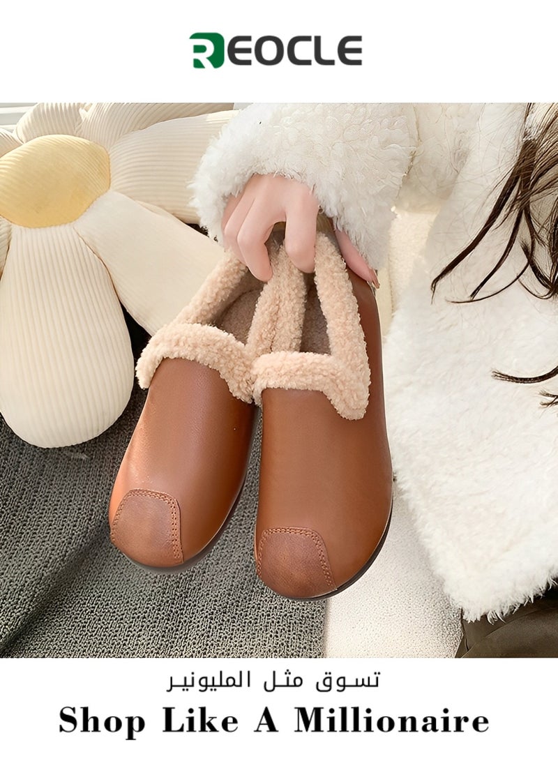 Women's Cotton Velvet Shoes Round Toe Moccasins Wild Flats Cozy Slip on House Shoes Winter Mini Boots With Comfy Rubber Sole