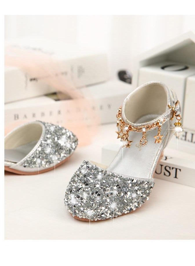 Children High Heel Princess Kids Leather Shoes Summer New Girls Sandals Flower Casual Glitter Crystal Student Party Banquet Shoe