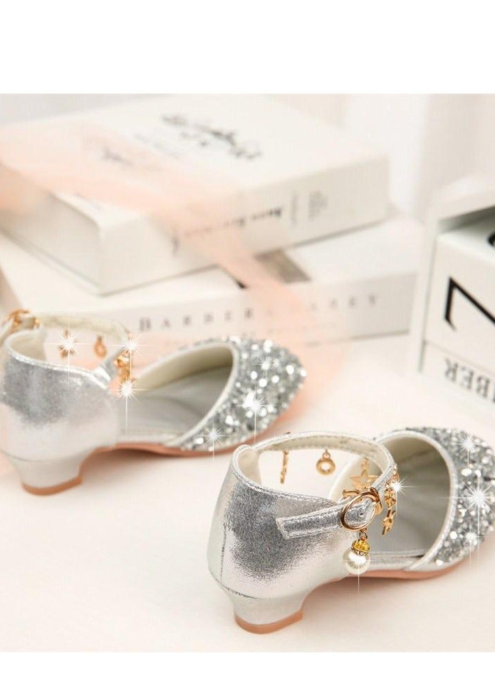 Children High Heel Princess Kids Leather Shoes Summer New Girls Sandals Flower Casual Glitter Crystal Student Party Banquet Shoe