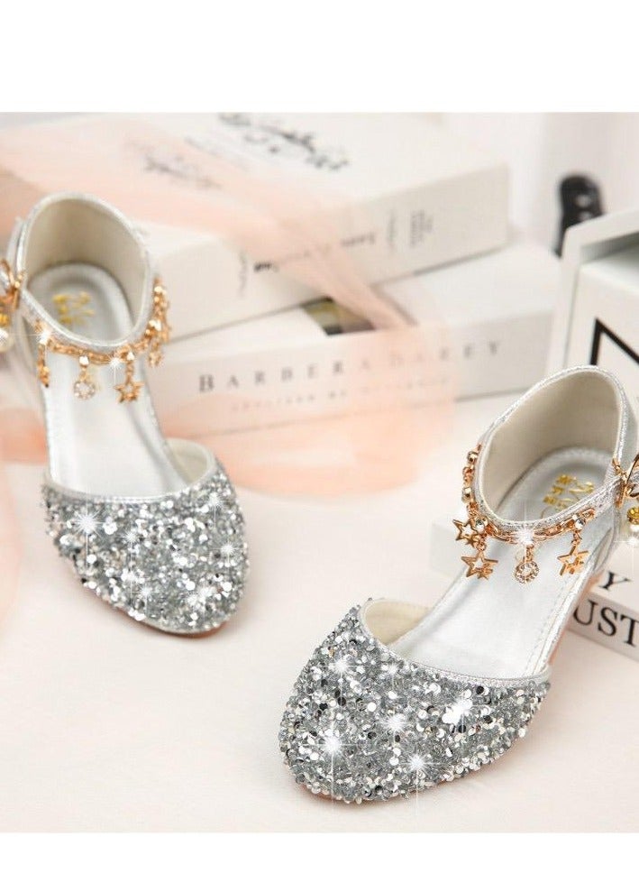 Children High Heel Princess Kids Leather Shoes Summer New Girls Sandals Flower Casual Glitter Crystal Student Party Banquet Shoe