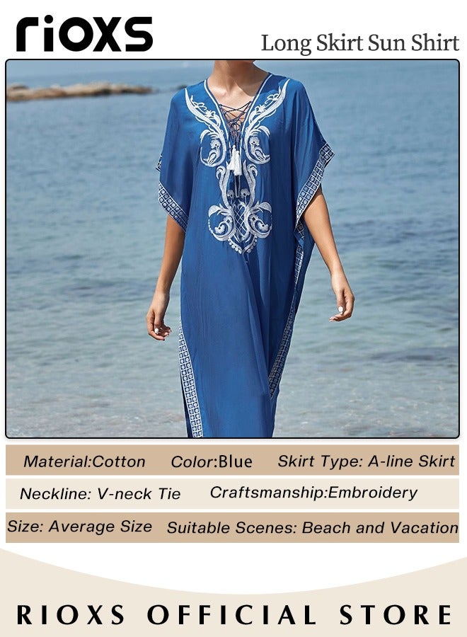 Women's Summer Embroidery V Neck Short Sleeve Side Split Swim Cover Up Loose Beach Swimsuit Kaftan Long Dress