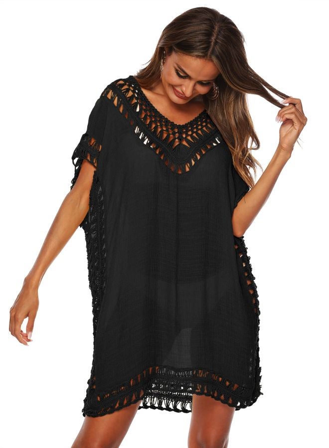 Semi Sheer Hollow Out Beach Cover Up Black