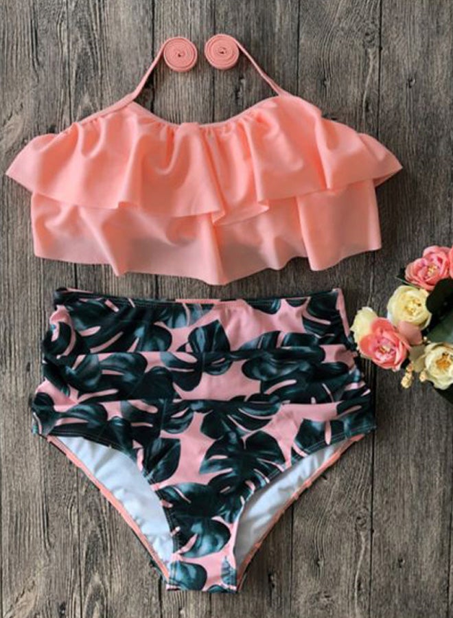 Ruffled High Waist Bikini Set Pink/Green