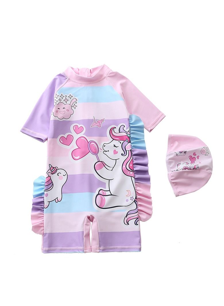 2 Piece Kids Unicorn Print Swimsuit with Cap Set Toddler Girls One-Piece Swimwear Children Swimming Clothing Beachwear Bathing Suit Bikini for Summer   Size M