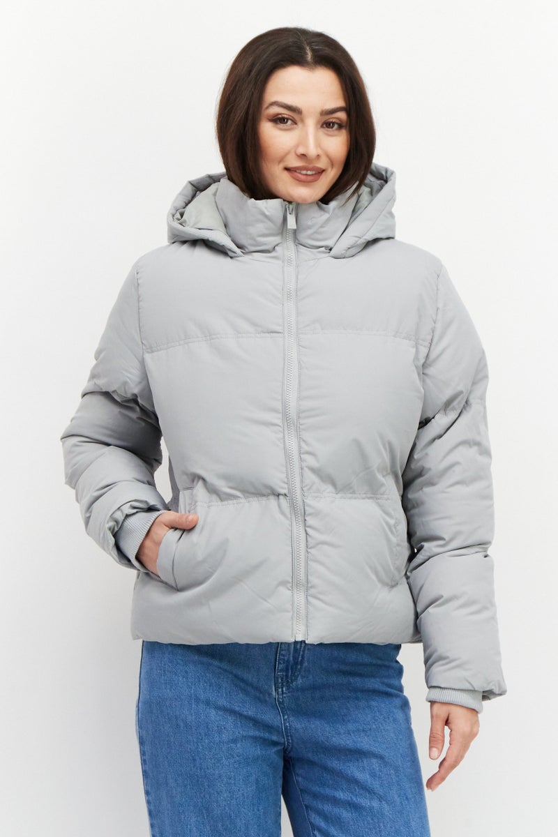 Women Plain Puffer Jacket, Light Grey