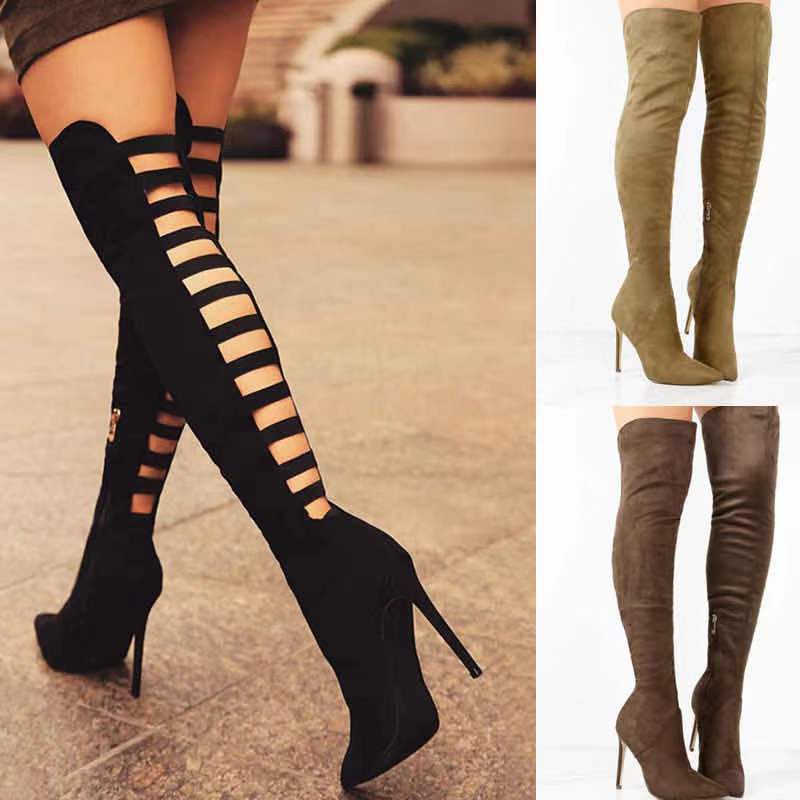 2021 Euro-American Womens Over-the-Knee Boots with Fine HeelCoffee Coffee