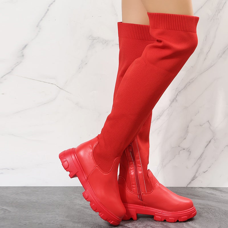 foreign trade plus size boots women 2021 autumn Europe and the United States new plus size knee round head flying weaving autumn and winterRed Red