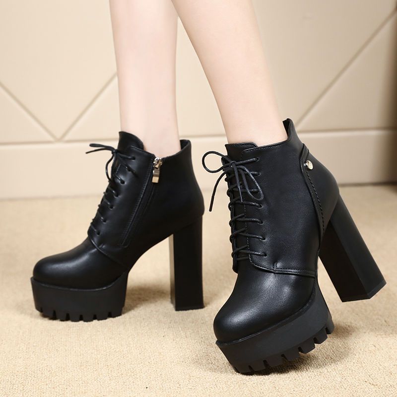 12CM high heel platform short boots 2023 autumn and winter New thick heel fashion lace-up online celebrity Martin boots womens short bootsBlack Black