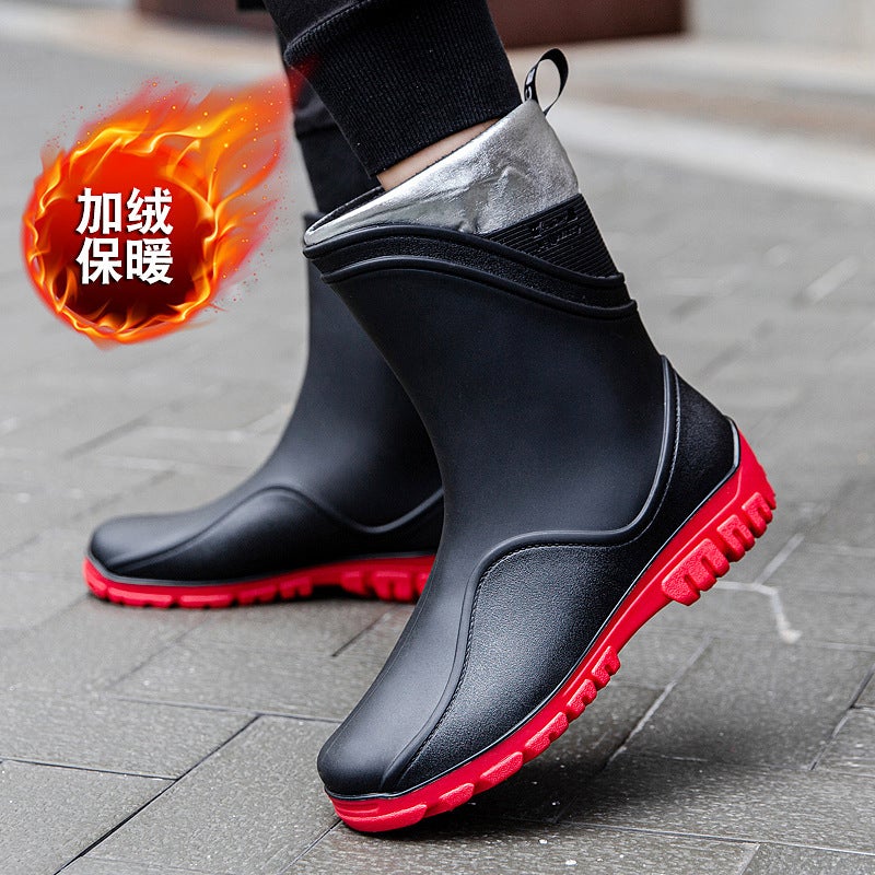 Mens Fashion Waterproof Slip-Resistant Fishing Rain BootsG500-black and red-Cotton G500-black and red-Cotton