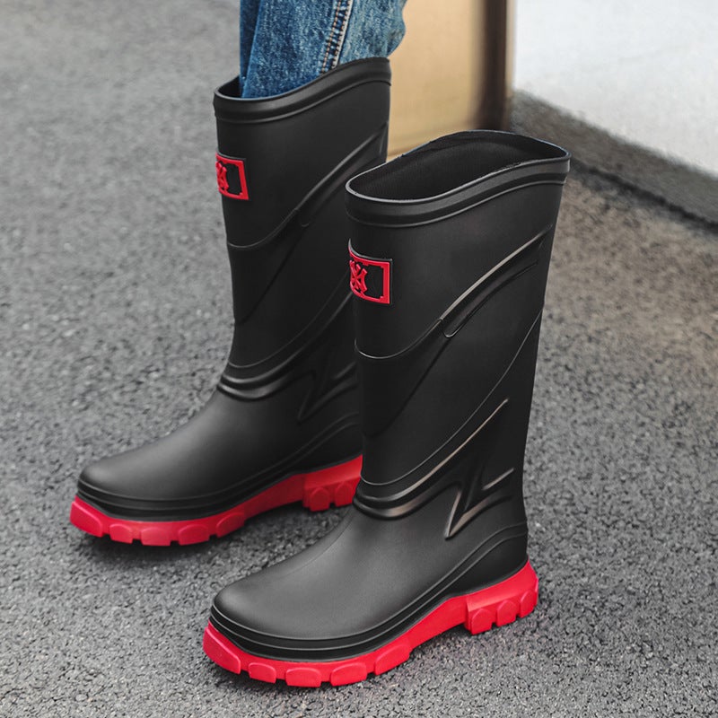 Stylish Mens Rain Boots Waterproof Non-slipBlack and Red Black and Red