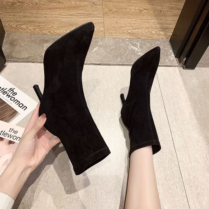 High Heels Pointed Toe Short Boots Womens Spring and Autumn Single Boots Thin Heel Black Stingy Socks Boots Internet Red Skinny Boots All-match Middle BootsBlack [plus velvet 9cm]] Black [plus velvet 9cm]]