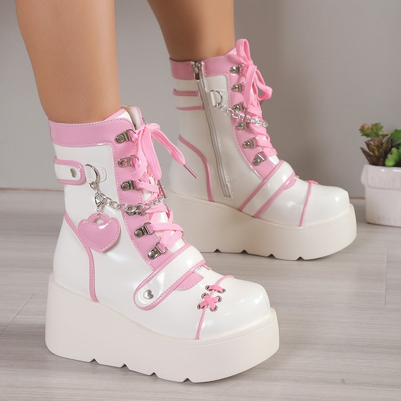 Pink Sweetheart Girls Thick-soled Heightened Short Boots Cute Love Hanging Lace-up Motorcycle Boots Trendy Womens ShoesPink Pink