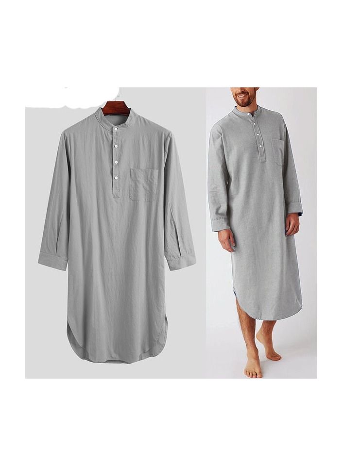 1-Piece Cotton Comfortable And Soft Long Sleeve Night Shirts Home Wear Men's Fashion Lounge Pajamas Robe Color Grey Size L