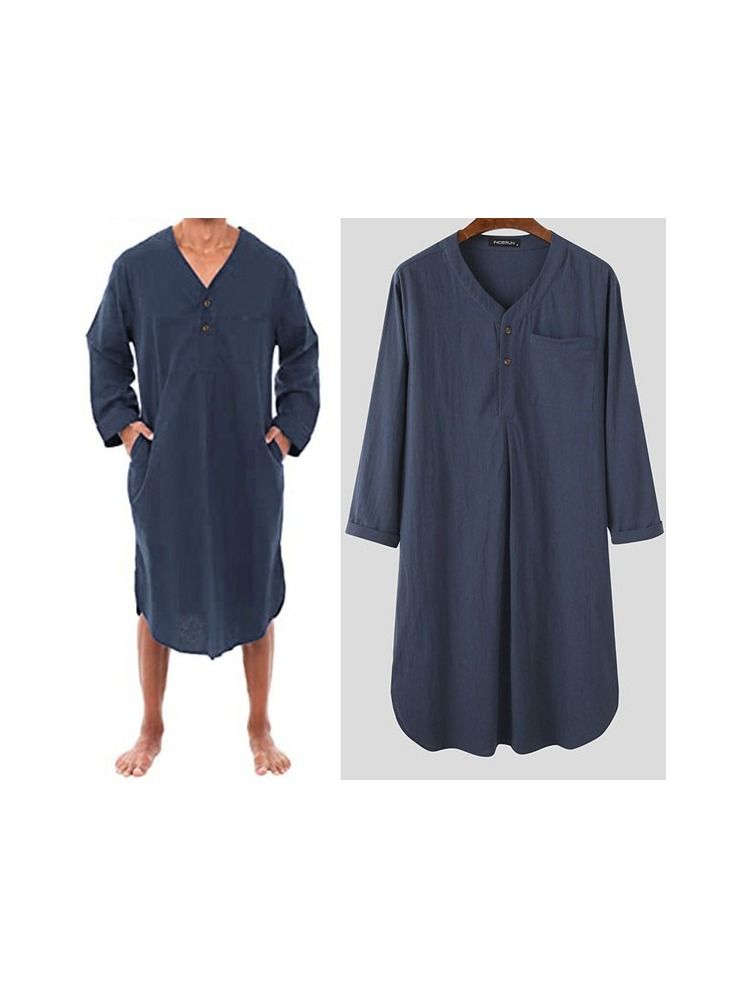 1-Piece Fashion Comfortable And Soft Cotton Men's Md-long Loose Bath Sleep Pajamas Home Wear Night Robe Shirts Color Blue Size M