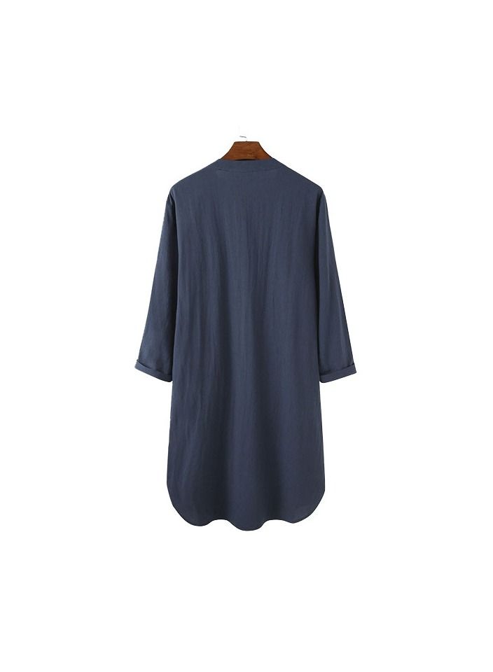 1-Piece Fashion Comfortable And Soft Cotton Men's Md-long Loose Bath Sleep Pajamas Home Wear Night Robe Shirts Color Blue Size M