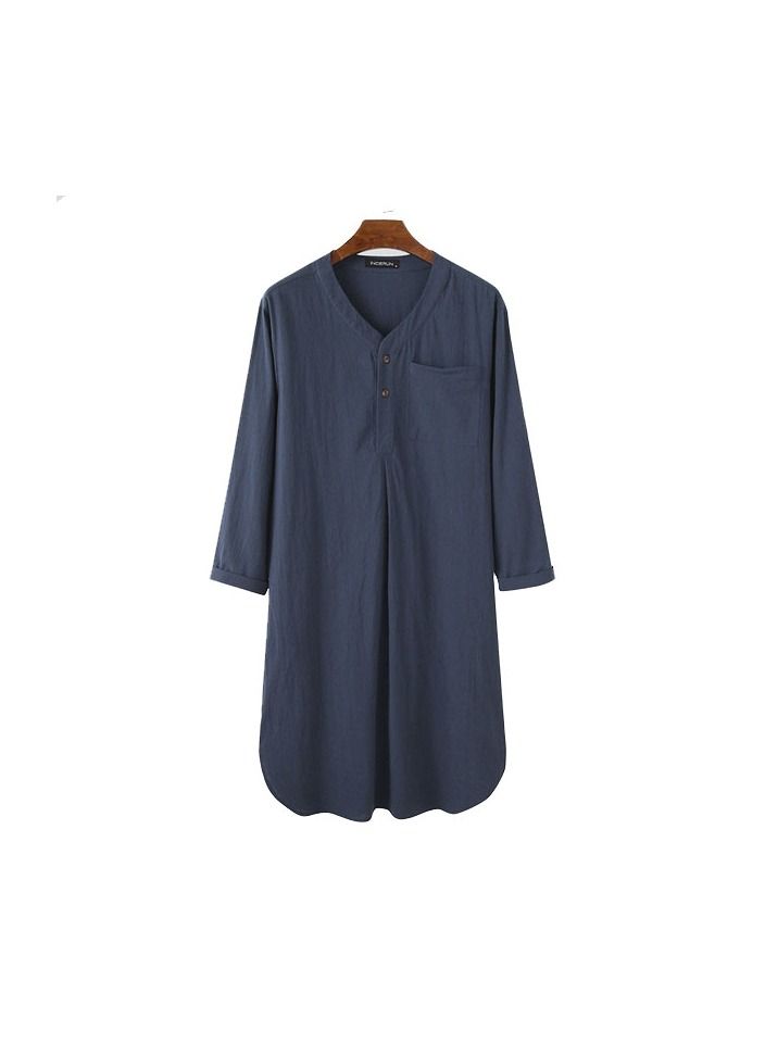 1-Piece Fashion Comfortable And Soft Cotton Men's Md-long Loose Bath Sleep Pajamas Home Wear Night Robe Shirts Color Blue Size M