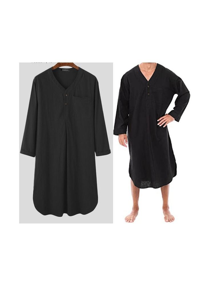 1-Piece Fashion Comfortable And Soft Cotton Men's Md-long Loose Bath Sleep Pajamas Home Wear Night Robe Shirts Color Black Size L