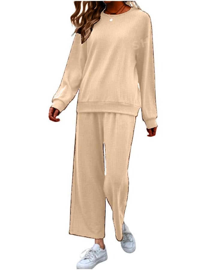 Women's Loose-Fitting Casual Set in Ribbed Knitted Fabric with Dropped Sleeves T82