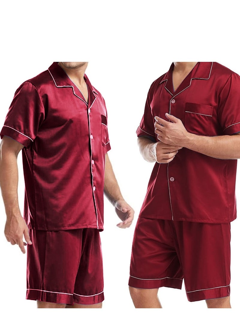 Mens 2pcs Summer Soft Pyjamas Set Short Sleeve Button Down Shirt With Boxer Shorts Red XL (Shirt Length 28''/Shirt Chest 24''/Pajama Length 21''/Pajama Waist 30'')