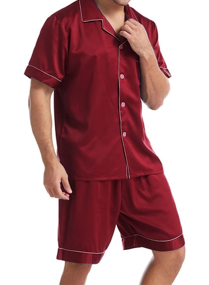 Mens 2pcs Summer Soft Pyjamas Set Short Sleeve Button Down Shirt With Boxer Shorts Red XL (Shirt Length 28''/Shirt Chest 24''/Pajama Length 21''/Pajama Waist 30'')