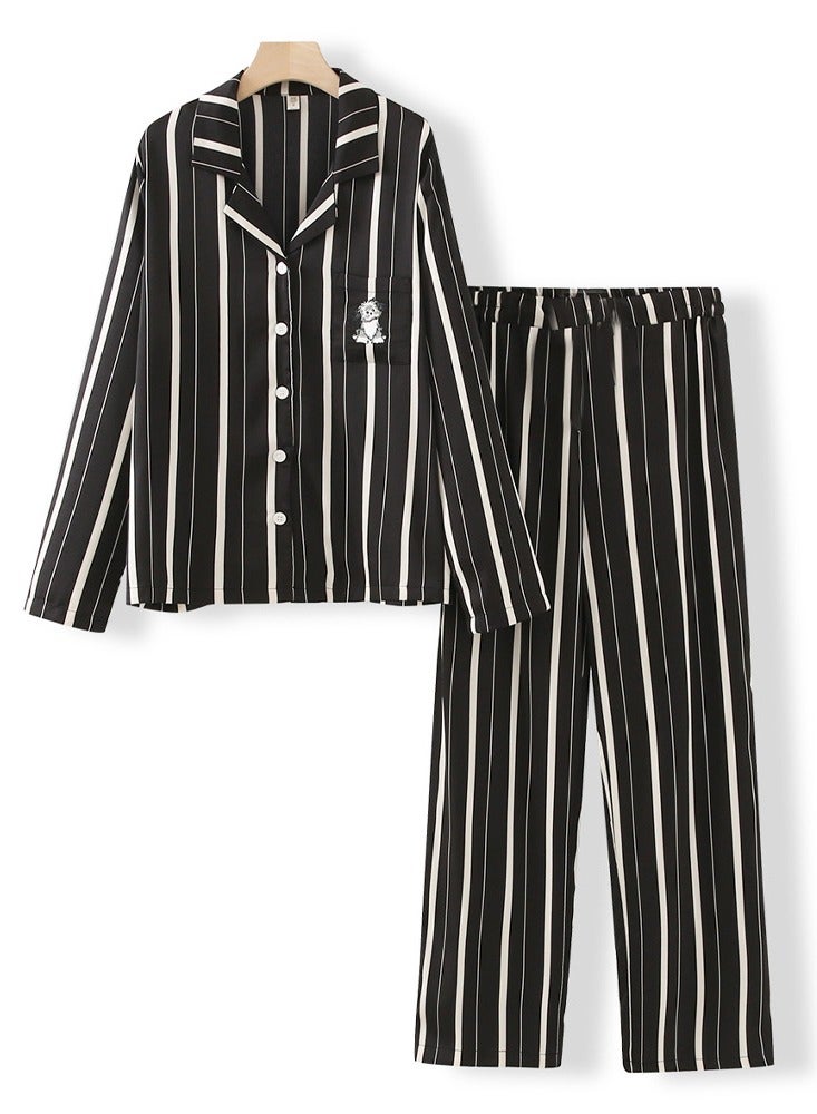 Couples Matching Pajamas Silk Long Sleeve Striped Sleepwear Satin Soft Button Down Loungewear Pjs Black XL and Large MG05