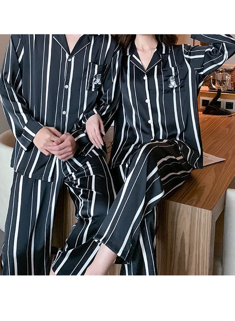 Couples Matching Pajamas Silk Long Sleeve Striped Sleepwear Satin Soft Button Down Loungewear Pjs Black XL and Large MG05