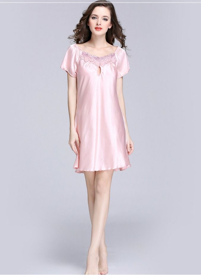 Women's Solid Color Jacquard Hollow Out Nightgown Short Sleeve Nightdress Soft Lingerie Sleepwear Dusty Pink