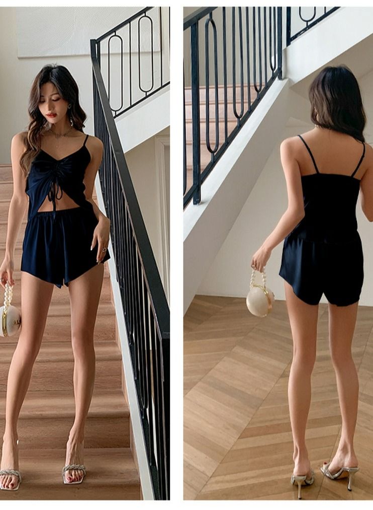 Women's Solid Color 2-Piece Set Nightgown Sleepwear Camisole Top And Shorts Soft Loungewear Pajamas  Suit Navy Blue