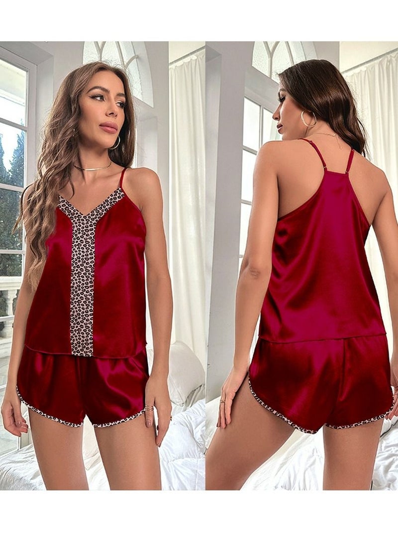 Women's Leopard Print 2-Piece Set Nightgown Sleepwear camisole Tops And Shorts Soft Loungewear Pajamas  Suit Wine Red