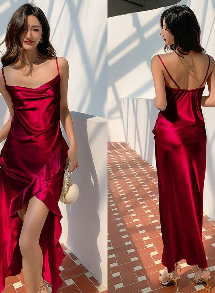 Women's Elegant Solid Color Nightgown Slip Dress With Slit Flounces Soft Loungewear Sleepwear Dress With Adjustable Strap Wine Red