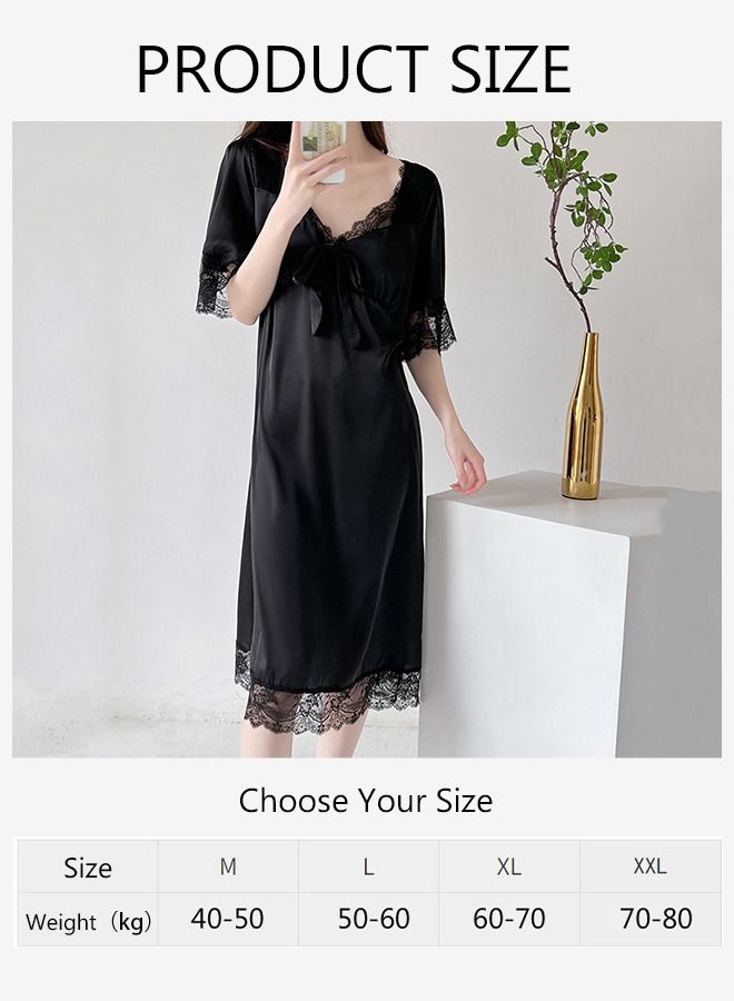 Women's Lace Short  Sleeve Nightgown Sweet Silk Pajama Dress Sleepwear Girls Comfortable V Neck Nightwear Summer Home Wear  Lounge Dress