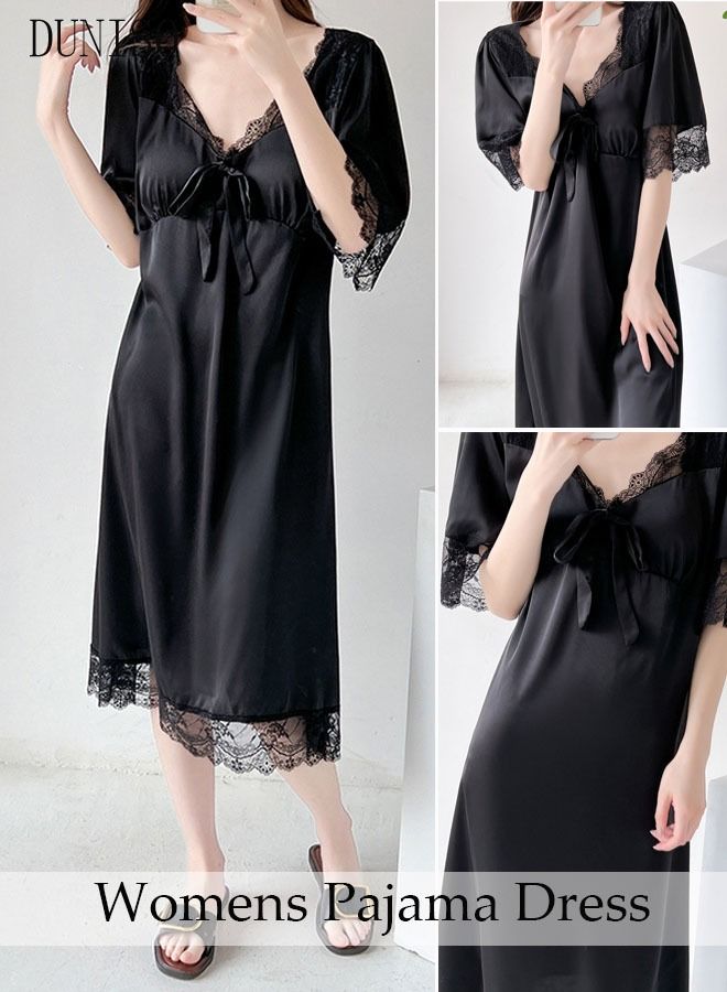 Women's Lace Short  Sleeve Nightgown Sweet Silk Pajama Dress Sleepwear Girls Comfortable V Neck Nightwear Summer Home Wear  Lounge Dress