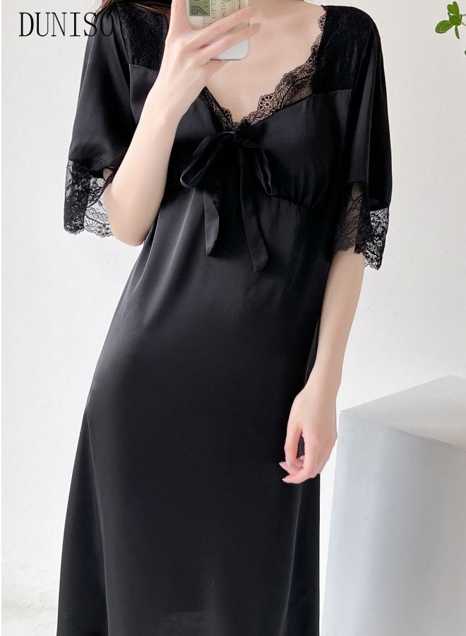 Women's Lace Short  Sleeve Nightgown Sweet Silk Pajama Dress Sleepwear Girls Comfortable V Neck Nightwear Summer Home Wear  Lounge Dress