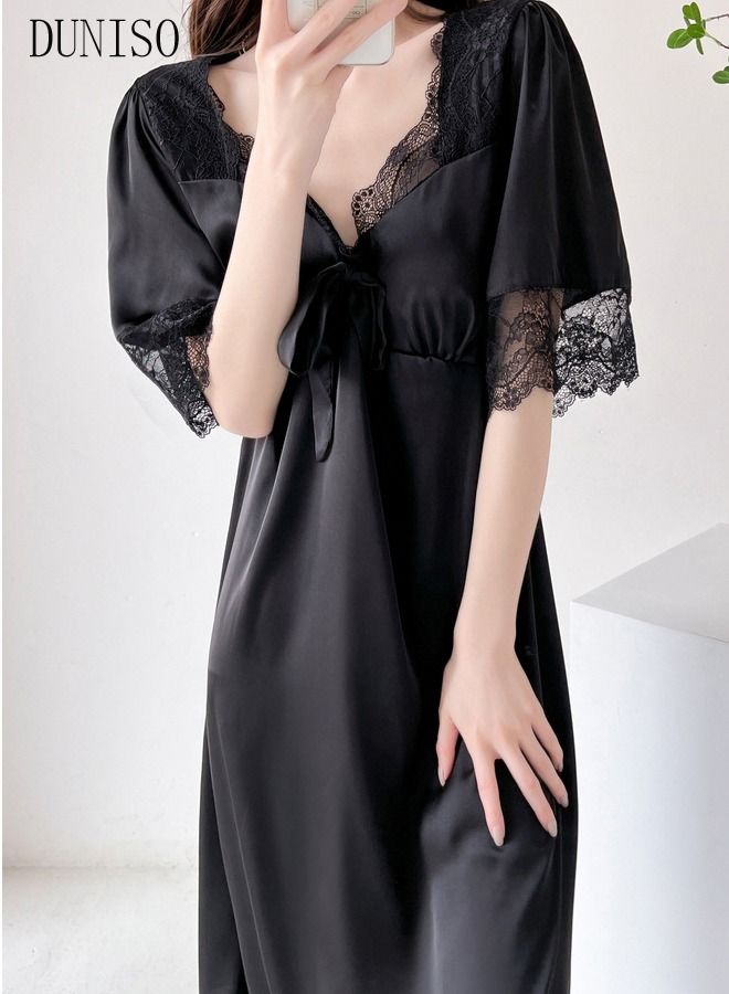 Women's Lace Short  Sleeve Nightgown Sweet Silk Pajama Dress Sleepwear Girls Comfortable V Neck Nightwear Summer Home Wear  Lounge Dress