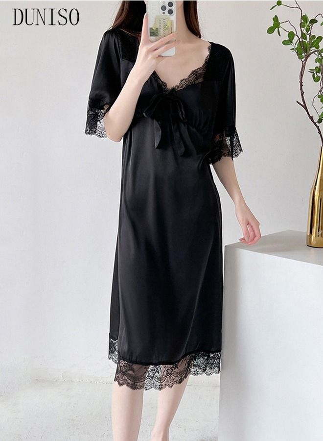 Women's Lace Short  Sleeve Nightgown Sweet Silk Pajama Dress Sleepwear Girls Comfortable V Neck Nightwear Summer Home Wear  Lounge Dress