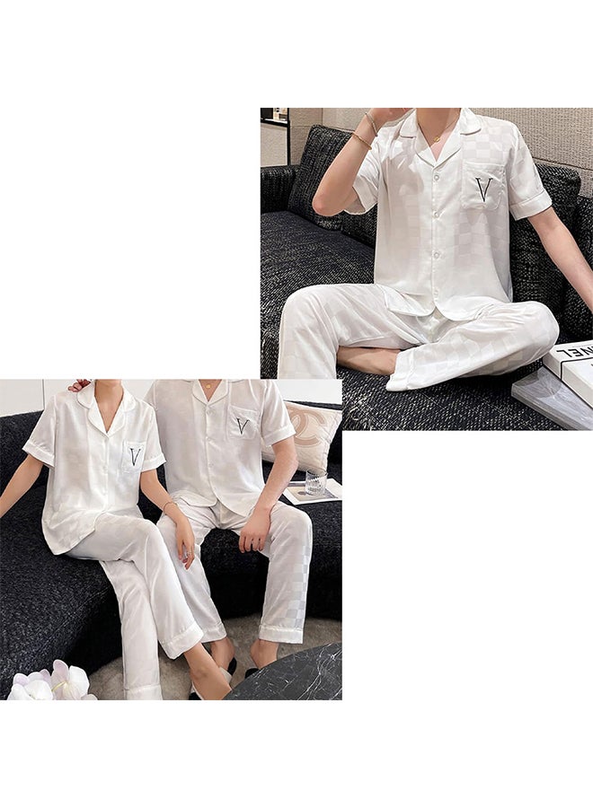 Couple Pajama XXL Men Pajamas XL Women Houndstooth Ice Silk Homewear Lovers Sleep Suit Nightwear Short Sleeve Sleepwear White