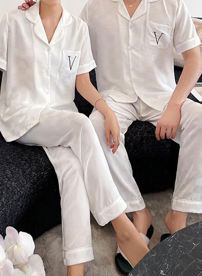 Couple Pajama XXL Men Pajamas XL Women Houndstooth Ice Silk Homewear Lovers Sleep Suit Nightwear Short Sleeve Sleepwear White