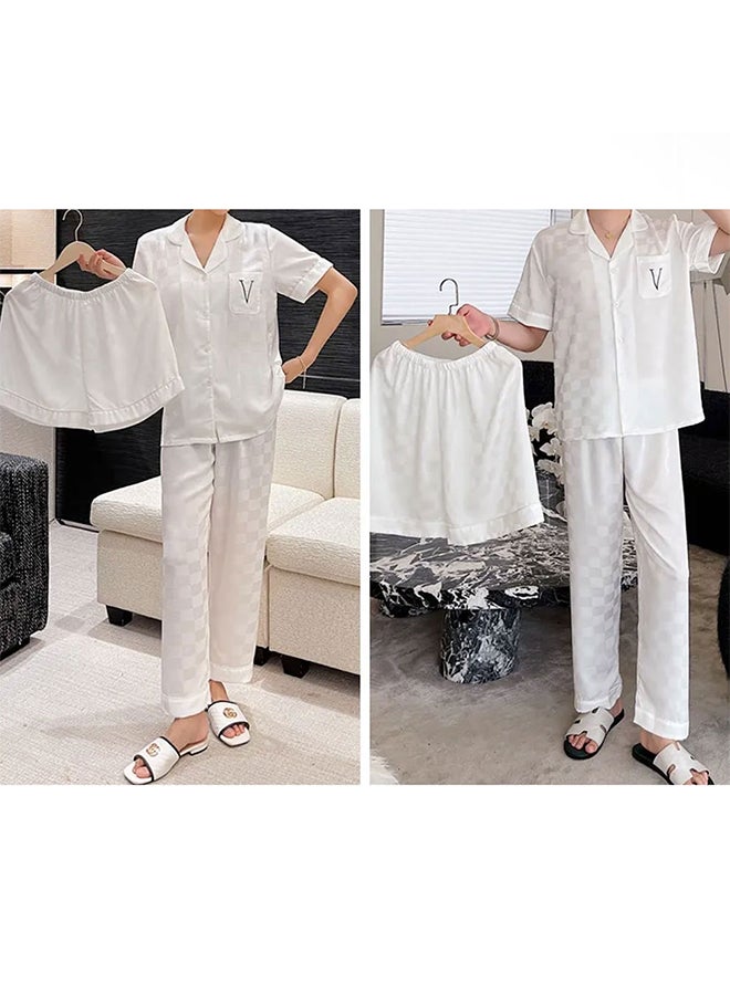 Couple Pajama XXL Men Pajamas XL Women Houndstooth Ice Silk Homewear Lovers Sleep Suit Nightwear Short Sleeve Sleepwear White