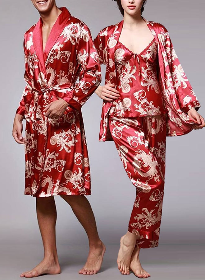 2 Packs For Bathrobe Men's 2XL Women's XL Bath Robe Dressing Gown Comfortable Sleepwear Silk Lovers Nightgown Dressing Gown Dragon Pattern Red