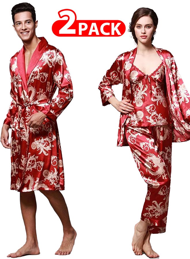 2 Packs For Bathrobe Men's 2XL Women's XL Bath Robe Dressing Gown Comfortable Sleepwear Silk Lovers Nightgown Dressing Gown Dragon Pattern Red