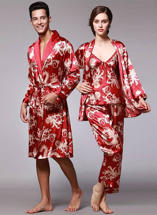 2 Packs For Bathrobe Men's 2XL Women's XL Bath Robe Dressing Gown Comfortable Sleepwear Silk Lovers Nightgown Dressing Gown Dragon Pattern Red