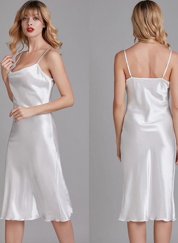 Women's Elegant Solid Color Nightgown Slip Midi Dress Soft Loungewear Sleepwear Dress White